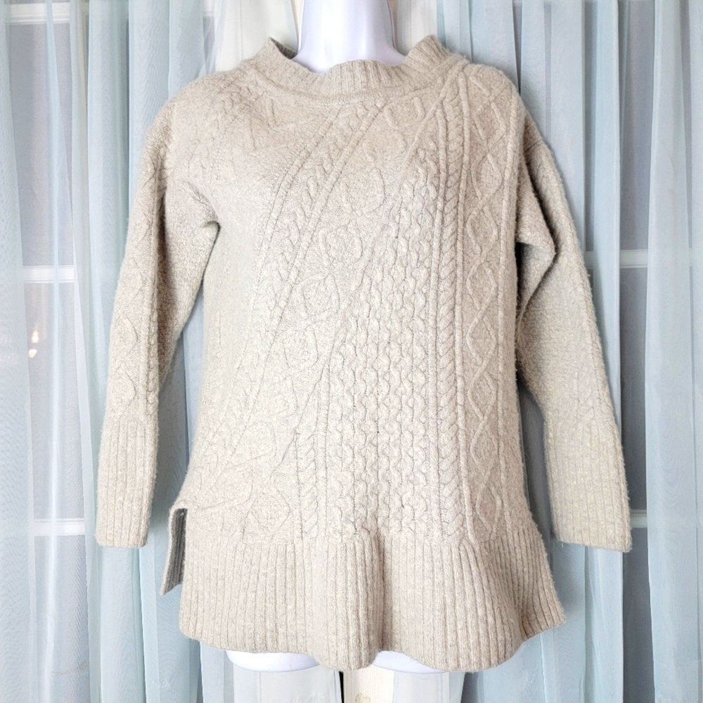 J Crew Cable Knit Wool Fisherman Sweater Womens M Chunky Pullover Gray Tunic